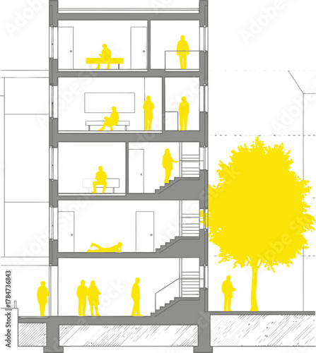 Architectural cross section drawing of a modern building with internal elements and a bright yellow tree