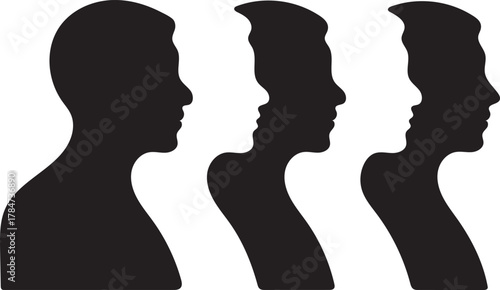 Silhouettes of human heads in profile facing right with distorted features