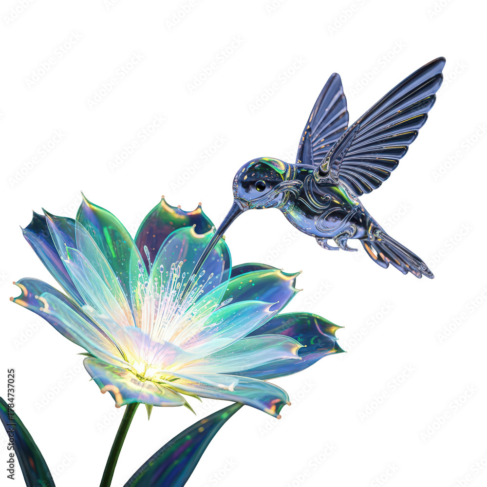 Fototapeta premium A shimmering hummingbird gracefully hovers near a luminous flower isolated on transparent background, a symbol of beauty and nature