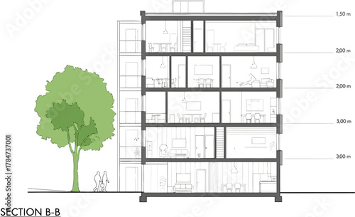 Architectural cross section drawing of a multi story building with a stylized tree and ground line