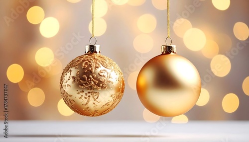 Two golden Christmas baubles hang against a bokeh backdrop, radiating a warm, festive atmosphere