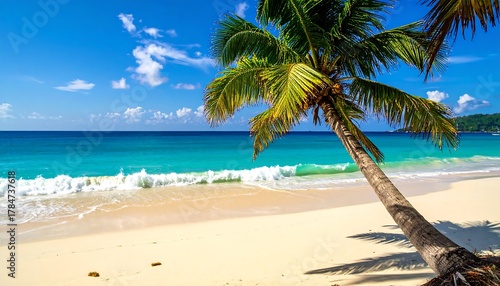 Fototapeta Naklejka Na Ścianę i Meble -  Tropical beach scene with a palm tree leaning towards the white sand and turquoise water under a bright blue sky