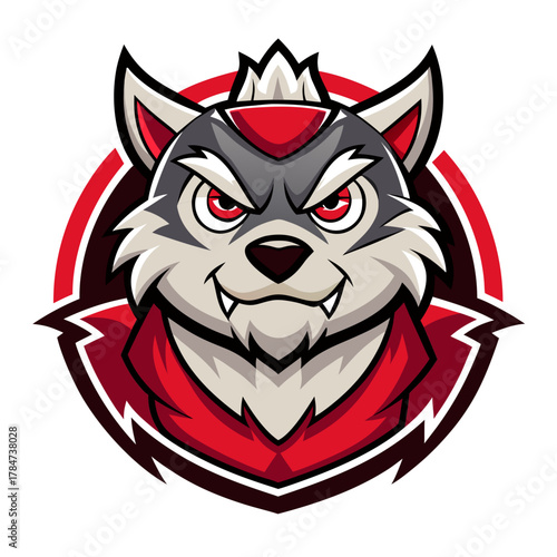 Fierce wolf mascot with red crown and collar
