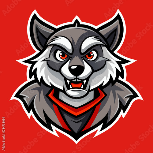 Fierce raccoon mascot with red eyes and collar