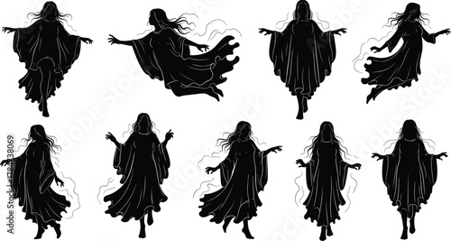 Ghostly female silhouette vector set, floating spirit poses, horror character design, Halloween theme, black icons, isolated on white background