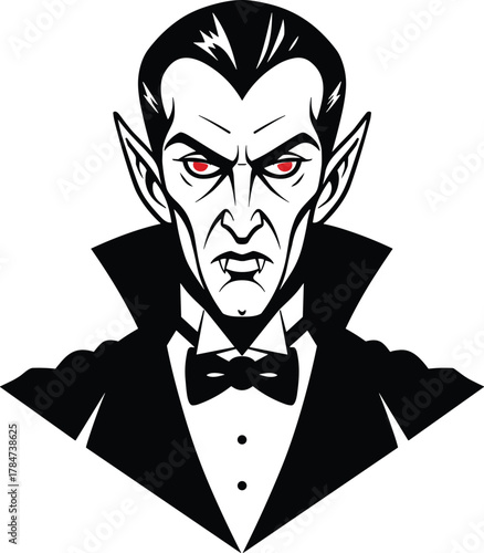 Vampire character portrait with red eyes and sharp fangs, gothic horror design, Halloween monster art, CAD drawing flat vector illustration.