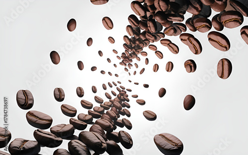 Highly detailed vivid surreal illustration of falling coffee beans arranged in a spiral pattern isolated on a clean white background with soft lighting
