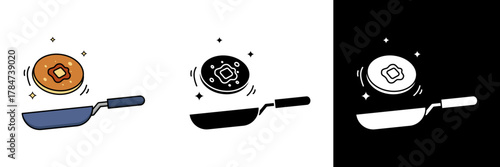 Pancake flip – A frying pan tossing a golden pancake with butter, surrounded by sparkles, showing a fun cooking moment in a playful cartoon style.