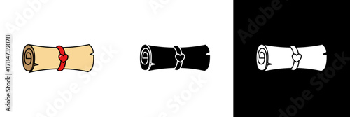 Scroll – A rolled parchment tied with a red ribbon, symbolizing a secret message or ancient document, drawn in a simple and cute cartoon style.