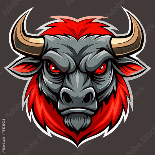 Fierce bull head with red mane and glowing red eyes