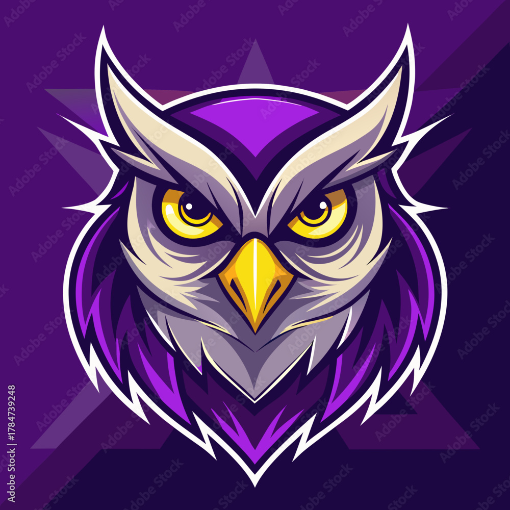 Obraz premium Fierce purple owl mascot with bright yellow eyes