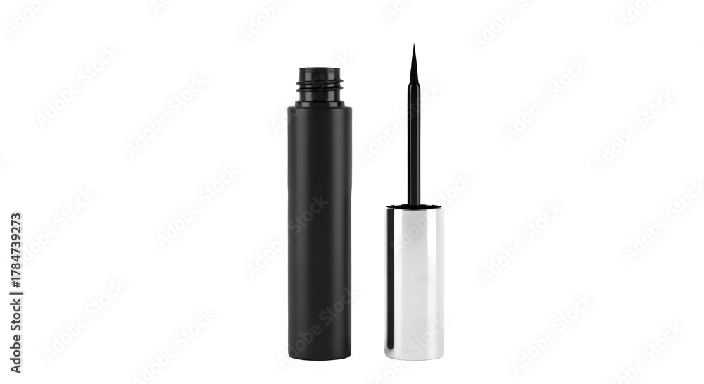 Fototapeta premium Black Eyeliner Cosmetic Product Shot with Open Silver Cap and Applicator Brush isolated PNG with Transparent Background