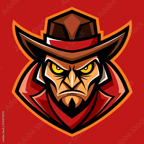 Fierce cowboy mascot with yellow eyes and brown hat