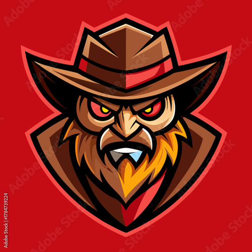 Cowboy mascot with red eyes and brown hat