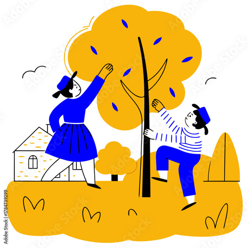 Two people picking fruit from a tree in a stylized autumn landscape