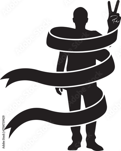 Silhouette of person wrapped in ribbon holding peace sign for world aids day awareness