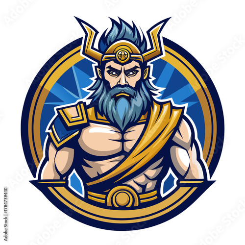 Mighty bearded warrior king with golden horned helmet and blue cape