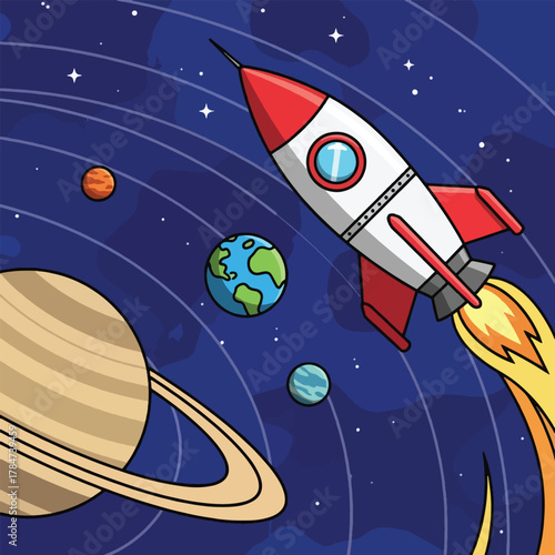A cartoon rocket ship blasts off into outer space, passing by planets and stars.