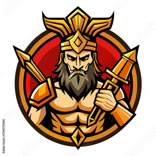 Mighty king warrior with golden crown and swords emblem