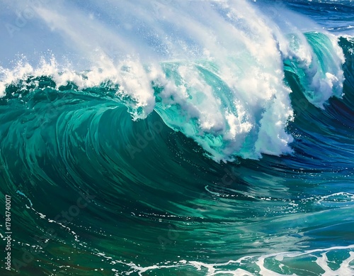 Fototapeta Naklejka Na Ścianę i Meble -  A vibrant, close-up view of a large ocean wave cresting, showing emerald and turquoise hues with foamy white crests