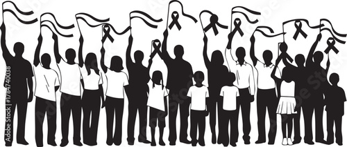 Diverse group of people holding red ribbons high in solidarity for world aids day awareness