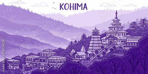 Kohima City Skyline Illustration with Naga Culture and Heritage Landmarks – Perfect for Travel Blogs, Posters, and Tourism Campaigns