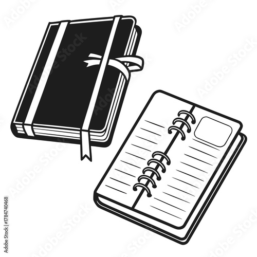 Two notebooks one closed and one open with spiral binding
