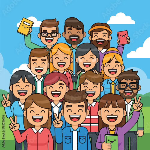 A large group of diverse cartoon friends posing happily together outdoors for a group photo.