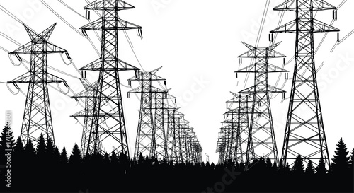 High voltage power transmission towers, electricity pylons in forest silhouette, energy distribution network lines, CAD drawing flat vector illustration.