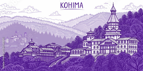 Kohima City Skyline Illustration with Naga Culture and Heritage Landmarks – Perfect for Travel Blogs, Posters, and Tourism Campaigns