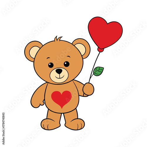 Cute Teddy Bear Holding Heart Balloon Valentine’s Day Cartoon Vector Illustration