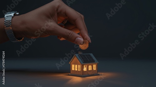 Hand placing a small coin into a miniature, illuminated house powered by a tiny solar panel.