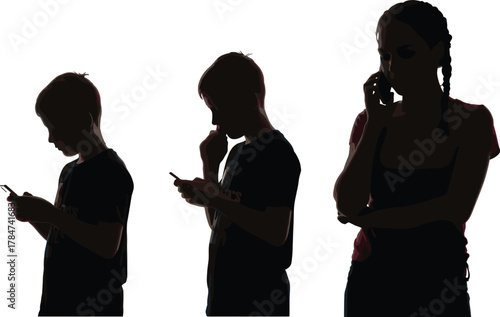 Mobile Phone Usage Silhouettes of Children and Teenager – Digital Communication, Screen Interaction, Generational Technology Behavior, Vector Illustration