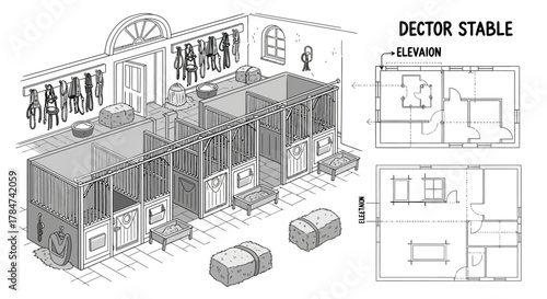 Detailed Architectural Drawing of a Stable with Multiple Horse Stalls and Plans.
