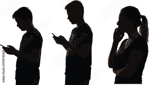 Silhouetted people using smartphones in different poses, digital lifestyle concept, mobile technology addiction, modern communication, vector illustration for stock.