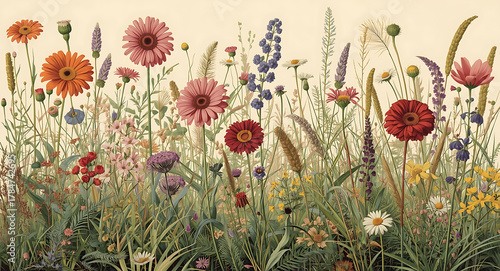 Vintage Botanical Illustration of a Diverse Wildflower Meadow Border with Gerbera Daisies, Dahlias, Cornflowers, and Chamomile in a Horizontal Layout.