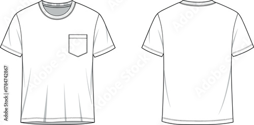 Basic t-shirt flat sketch front and back view with chest pocket design, unisex fashion apparel, CAD drawing flat vector illustration.