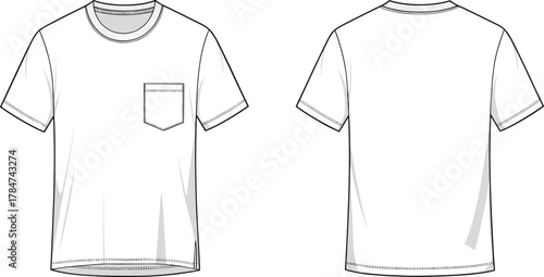 Basic t-shirt front and back technical flat sketch with chest pocket, unisex fashion apparel design template, CAD drawing flat vector illustration.