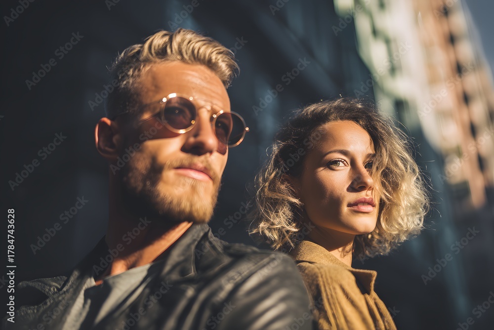 Obraz premium Contemplative couple standing together in city, looking towards the future with hope