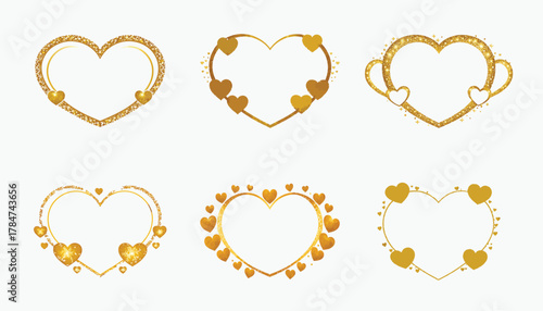 Collection of golden heart shaped frames for Valentine's Day designs and artwork