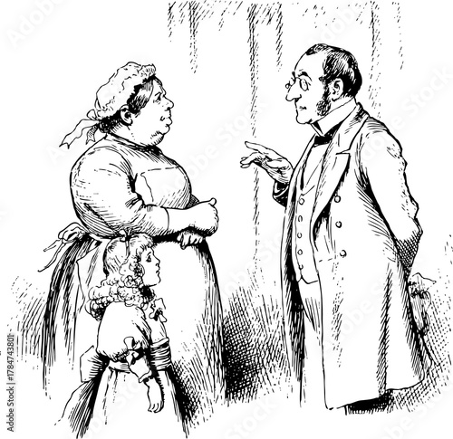 Lady standing with a handkerchief, waving goodbye Monochrome Vintage line drawing from the1890s, representing the culture and fashion of the times.