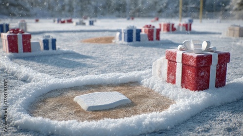 Snow-covered baseball diamond with bases decorated as presents,
