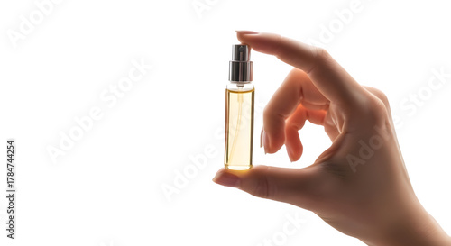 Woman's hand holding a small perfume sample spray vial for beauty and luxury fragrance advertising. isolated PNG with Transparent Background
