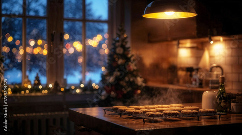 Warm kitchen scene featuring freshly baked cookies cooling on a wooden countertop, illuminated by soft lighting, with a festive atmosphere and holiday decorations in the background