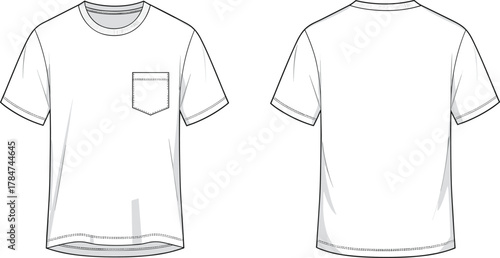 Basic white t-shirt technical sketch front and back view with chest pocket for fashion design, apparel template, CAD drawing flat vector illustration.