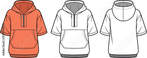 Short sleeve zip up hoodie flat sketch, fashion technical vector illustration, casual streetwear apparel design, front and back view template