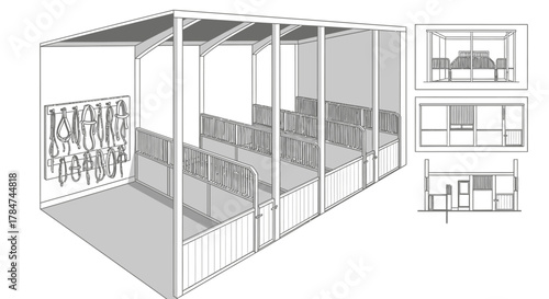 Detailed Architectural Plan of a Multi-Stall Horse Stable Structure.