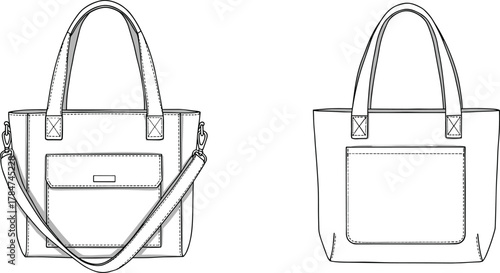 Women tote handbag with front flap pocket and shoulder strap, technical fashion flat sketch, CAD drawing flat vector illustration for designers.