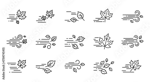 Autumn Breeze Icon Set Dynamic Illustrations of Falling Leaves and Gusts of Wind in Motion