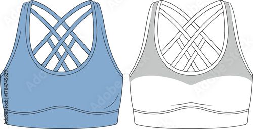 Women’s sports bra technical flat, criss cross back design, vector fashion illustration, activewear CAD template for clothing design, sewing pattern guide